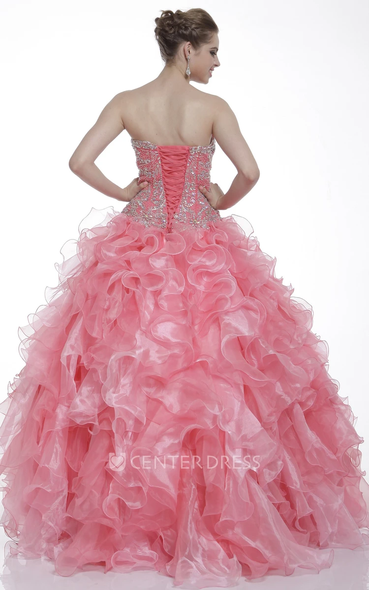 Ball Gown Sweetheart Long Sleeve Organza Lace-Up Dress With Ruffles And Beading