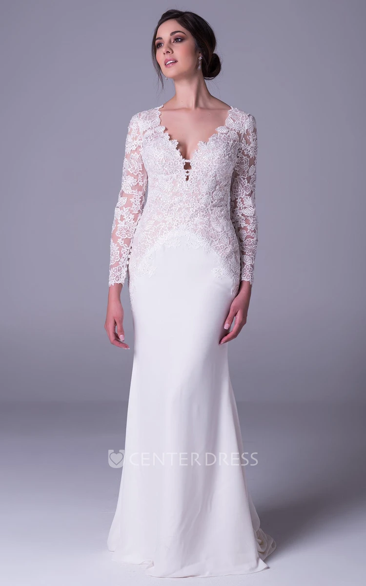 Sheath V-Neck Long-Sleeve Lace&Chiffon Wedding Dress With Keyhole