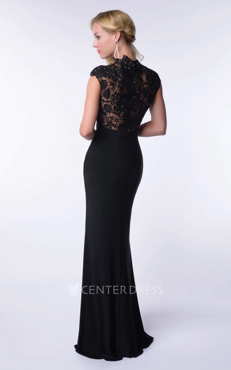 Sheath Side Slit Jersey High Neck Homecoming Dress With Lace Top