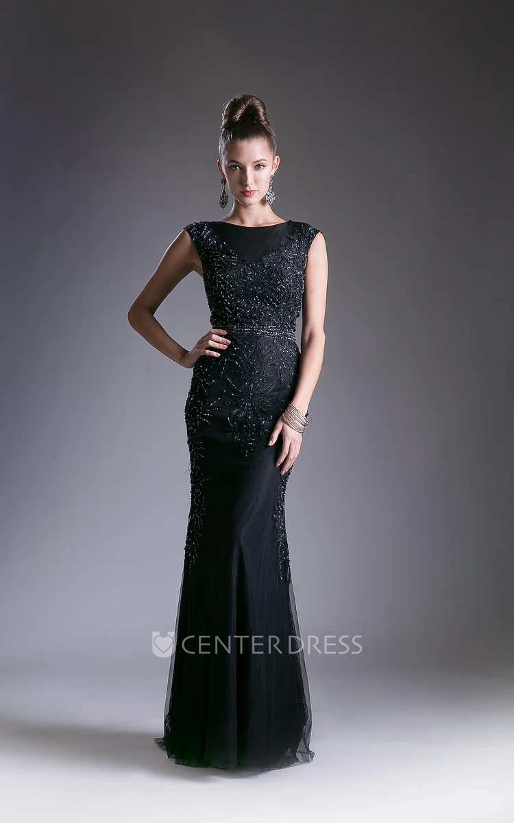 Sheath Scoop-Neck Sleeveless Lace Dress With Beading And Appliques