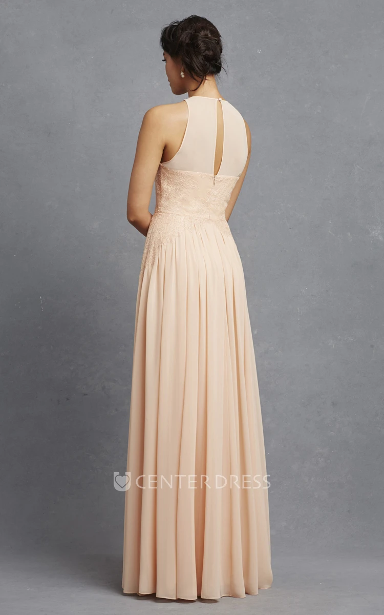 Sleeveless Long-Chiffon Dress With Lace Appliques
