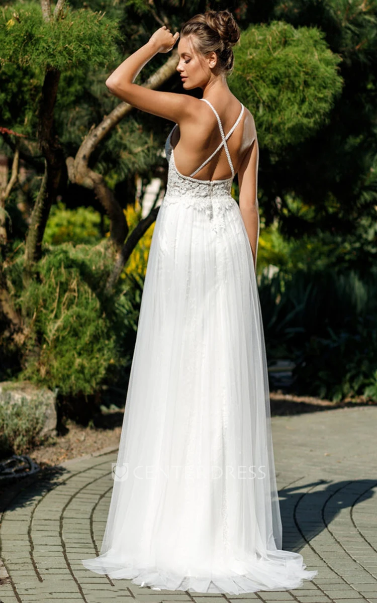 Elegant Sleeveless Sheath Tulle Lace V-neck Wedding Dress with Split Front