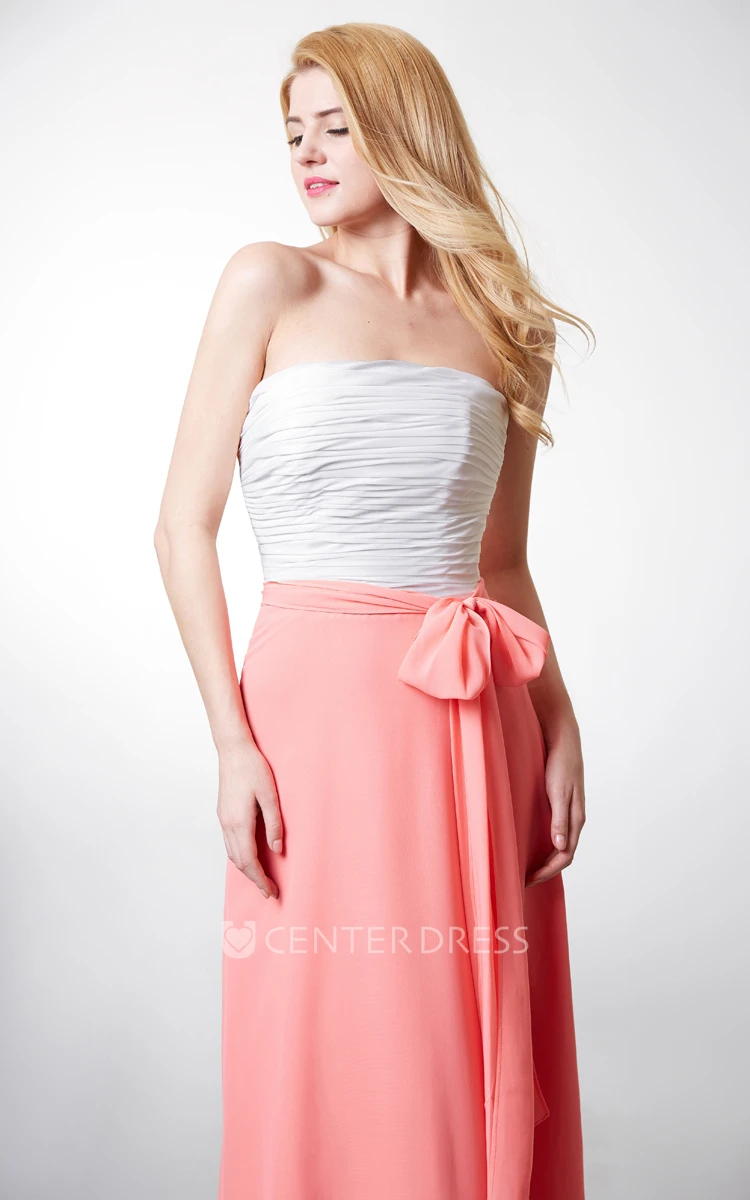 Strapless A-line Ruched Long Chiffon Gown With Sash