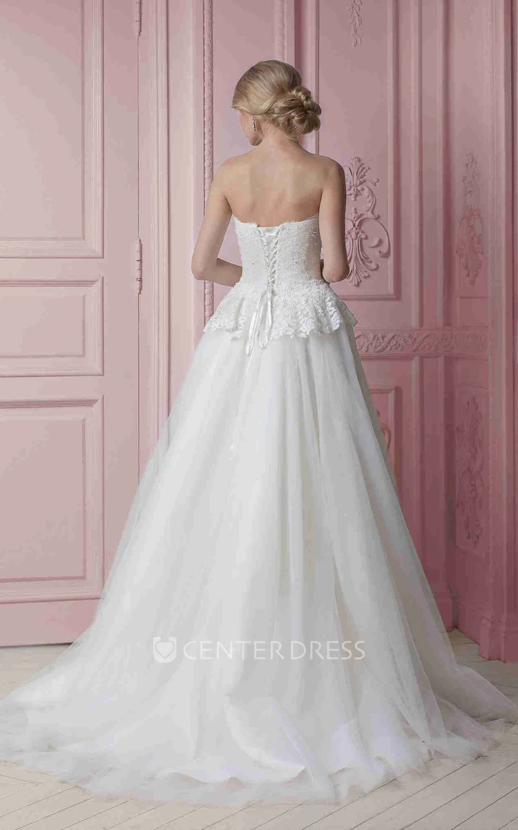 A-Line Floor-Length Peplum Strapless Sleeveless Tulle&Lace Wedding Dress With Flower