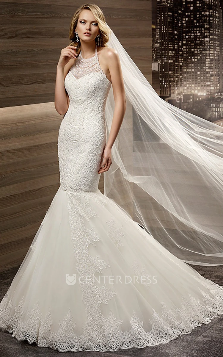 Halter-Strap Mermaid Lace Bridal Gown With Appliques And Open Back
