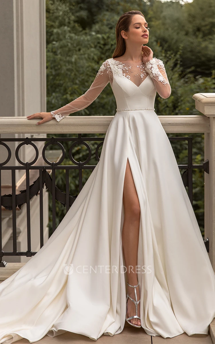 Ethereal V-neck A Line Satin Chapel Train Wedding Dress with Split Front