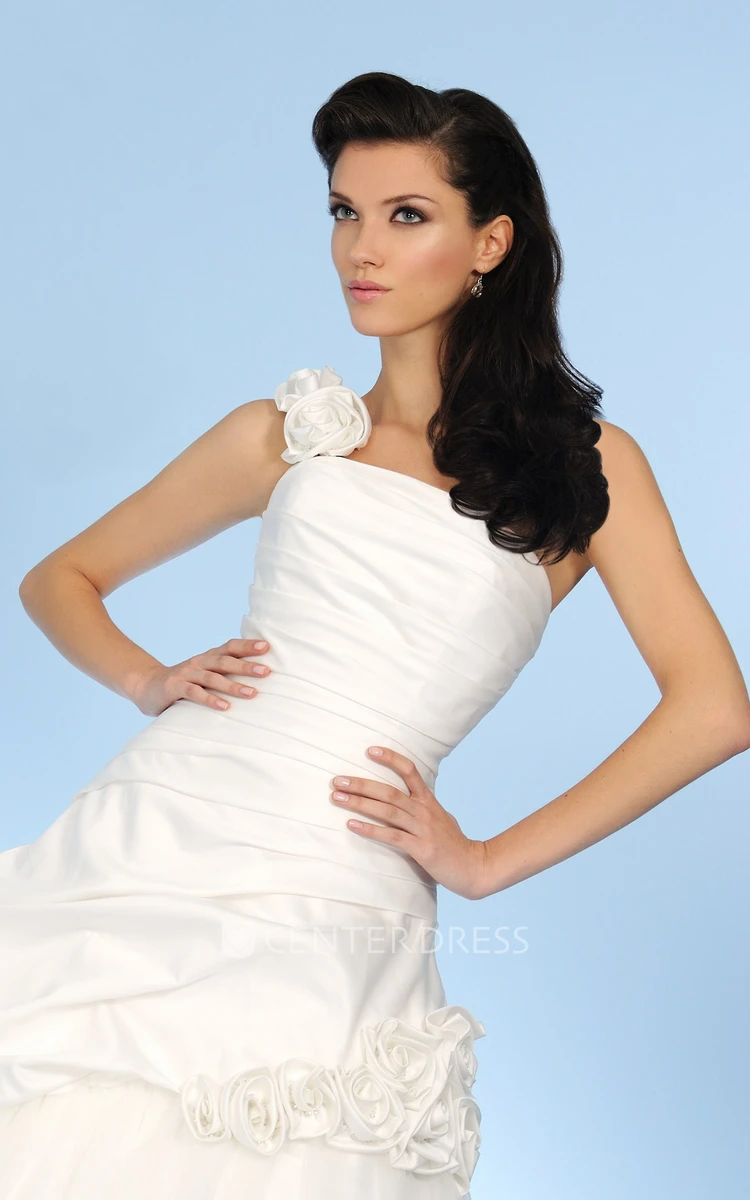 One-Shoulder Long Ruched Pick Up Satin&Tulle Wedding Dress