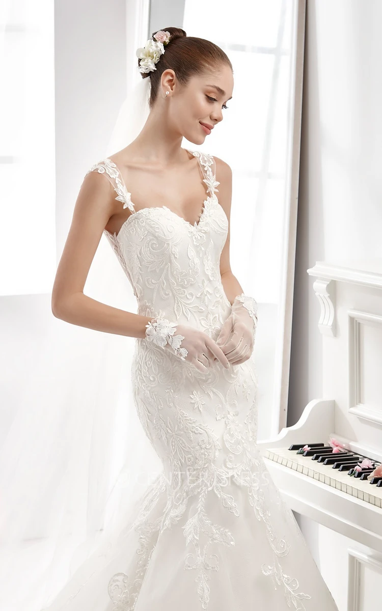 Sweetheart Sheath Mermaid Wedding Dress With Lace Appliques Straps And Illusive Details
