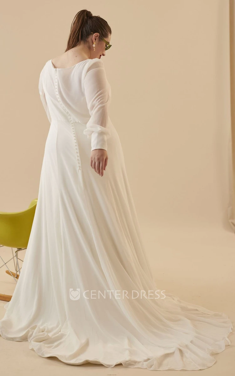 Romantic A Line Long Sleeve Floor-length Chiffon Button Wedding Dress