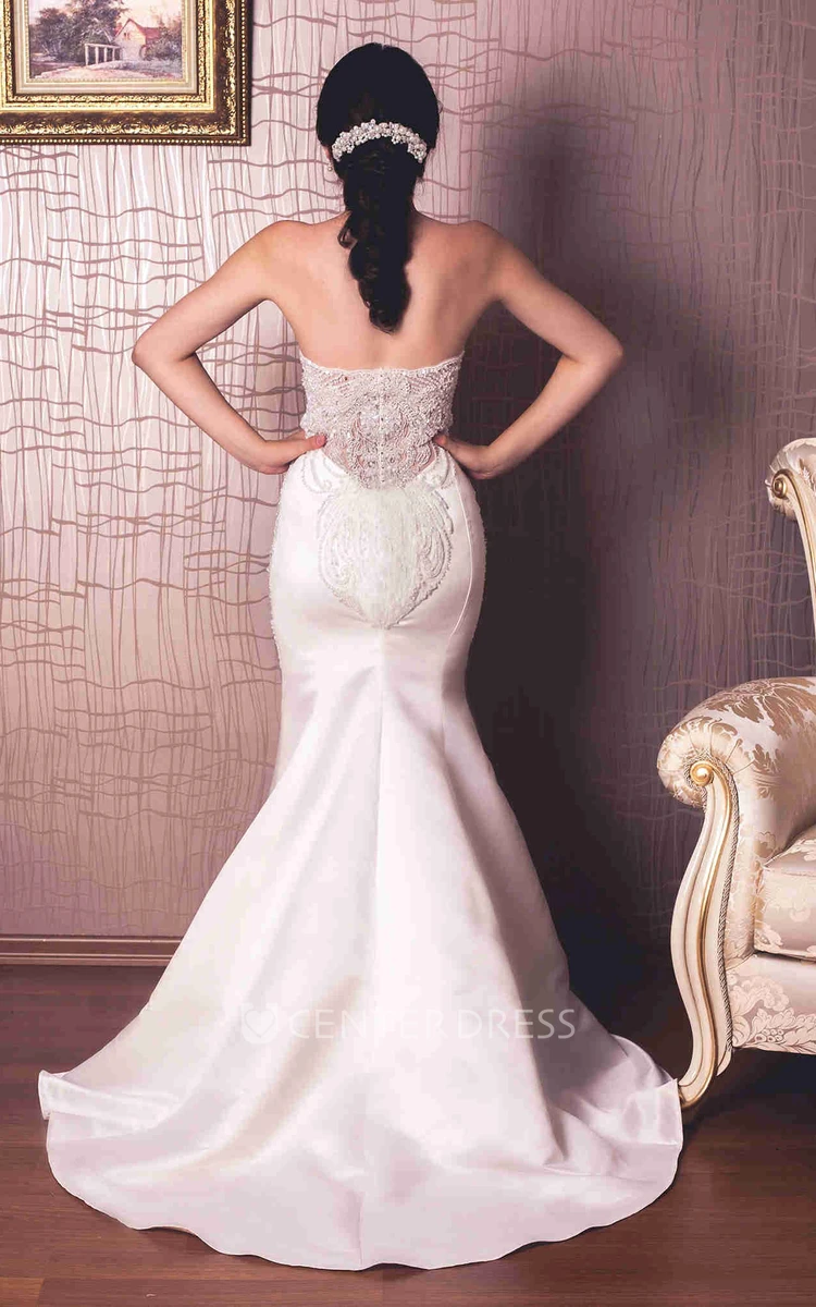 Trumpet Floor-Length Sweetheart Satin Wedding Dress With Beading And Illusion