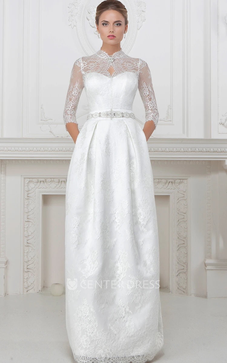 High Neck Half-Sleeve Long Lace Wedding Dress With Waist Jewellery And Corset Back