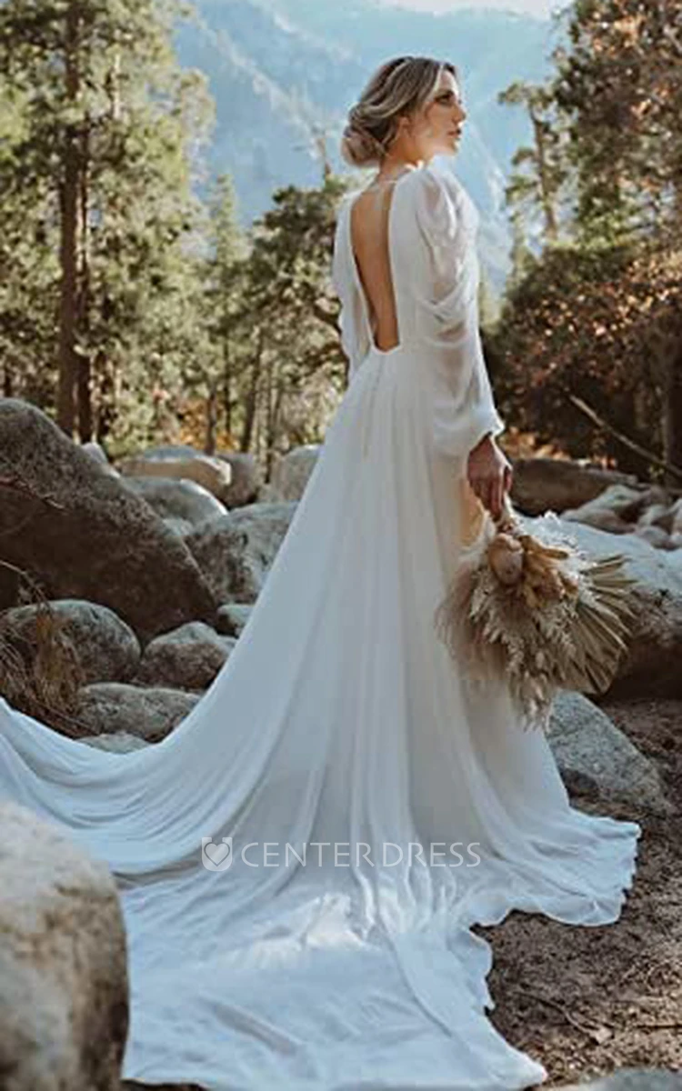 Elegant Chiffon A-Line Wedding Dress with Open Back and Poet Sleeves for Beach or Garden