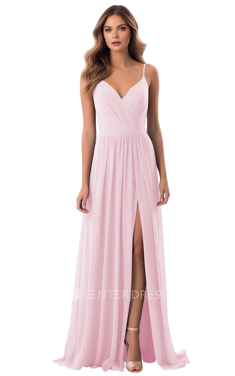 A-Line Chiffon Bridesmaid Dress with V-neck and Split Front Elegant and Simple