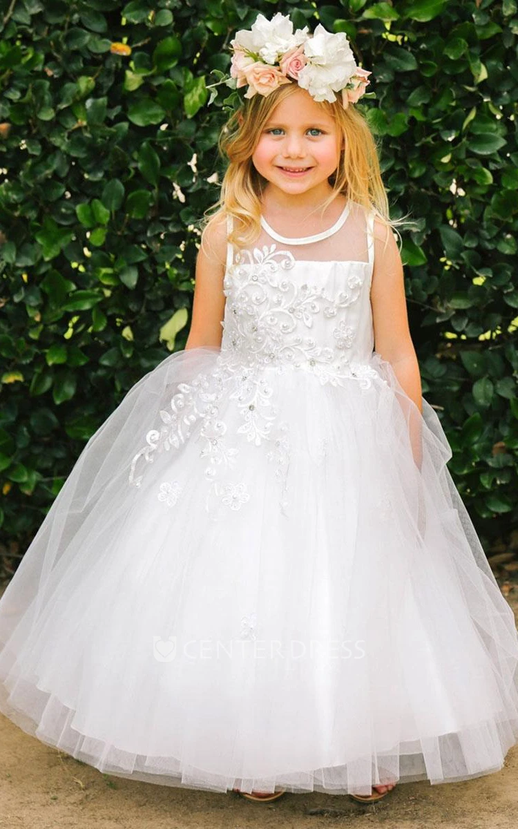Floral Ankle-Length Beaded Appliqued Tulle&Lace Flower Girl Dress With Tiers