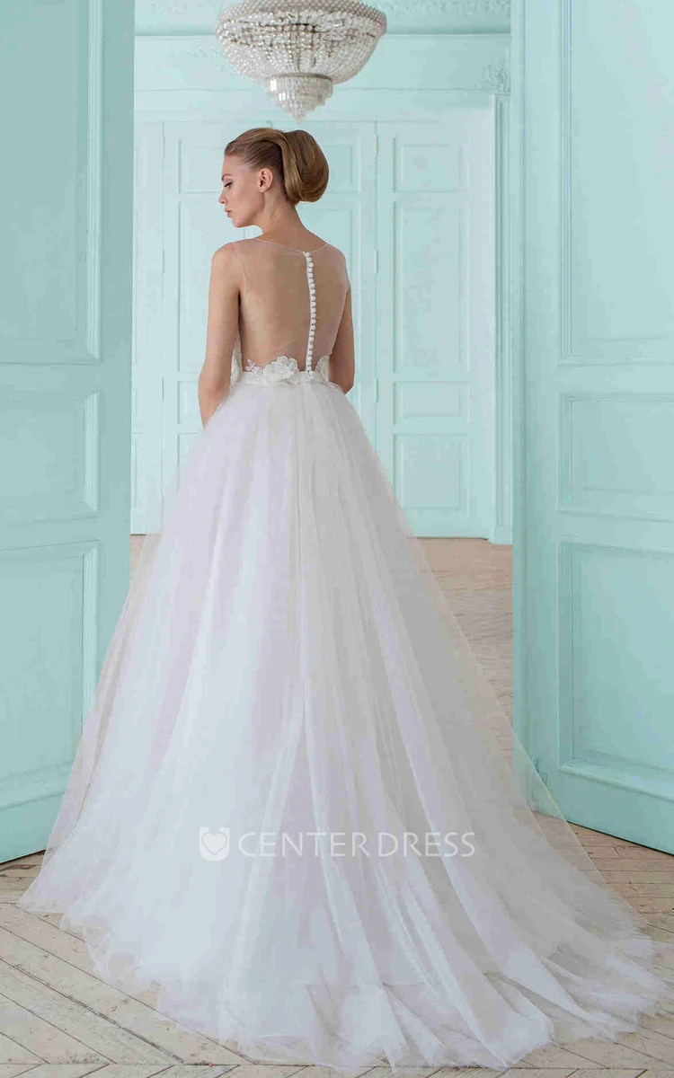 A-Line Sleeveless Floral Long Tulle Wedding Dress With Appliques