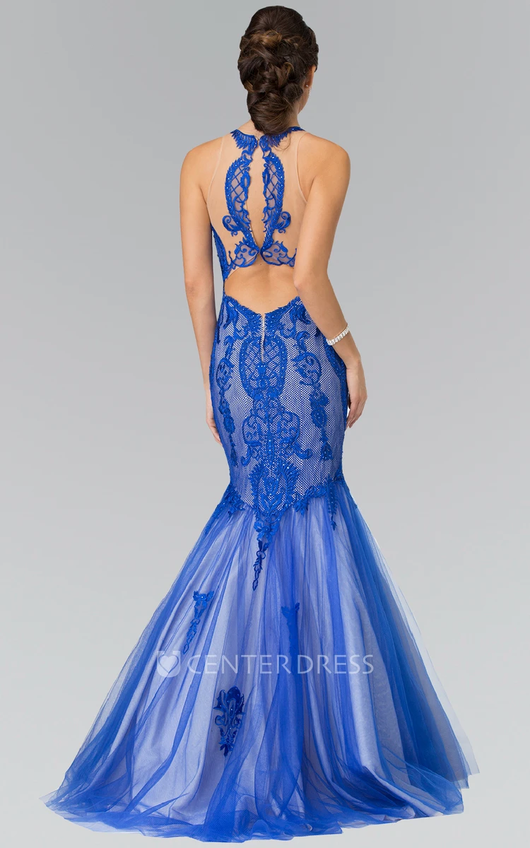 Mermaid Jewel-Neck Sleeveless Tulle Illusion Dress With Lace And Appliques