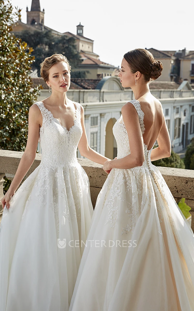 Ball Gown Appliqued Floor-Length V-Neck Sleeveless Tulle Wedding Dress