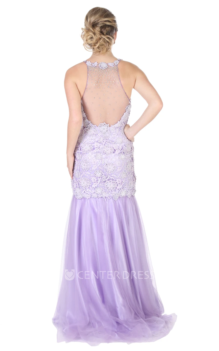 Maxi Mermaid Appliqued High Neck Sleeveless Tulle Prom Dress