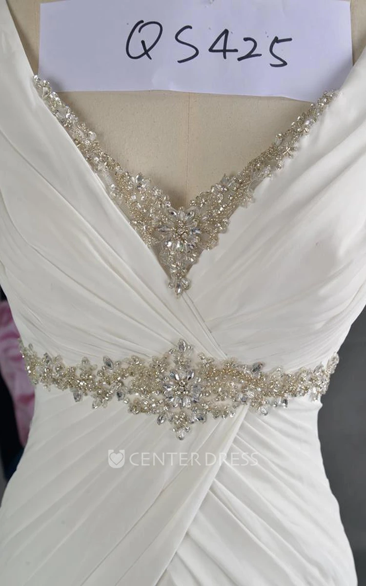 V-Neck Sleeveless A-Line Chiffon Wedding Dress With Beading