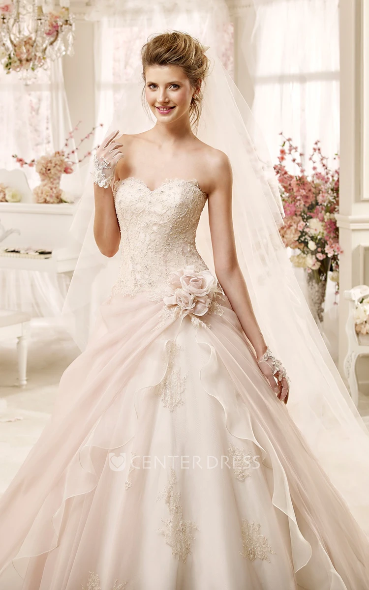 Lovely Sweetheart A-line Dress with Flowers and Asymmetrical Overlayer