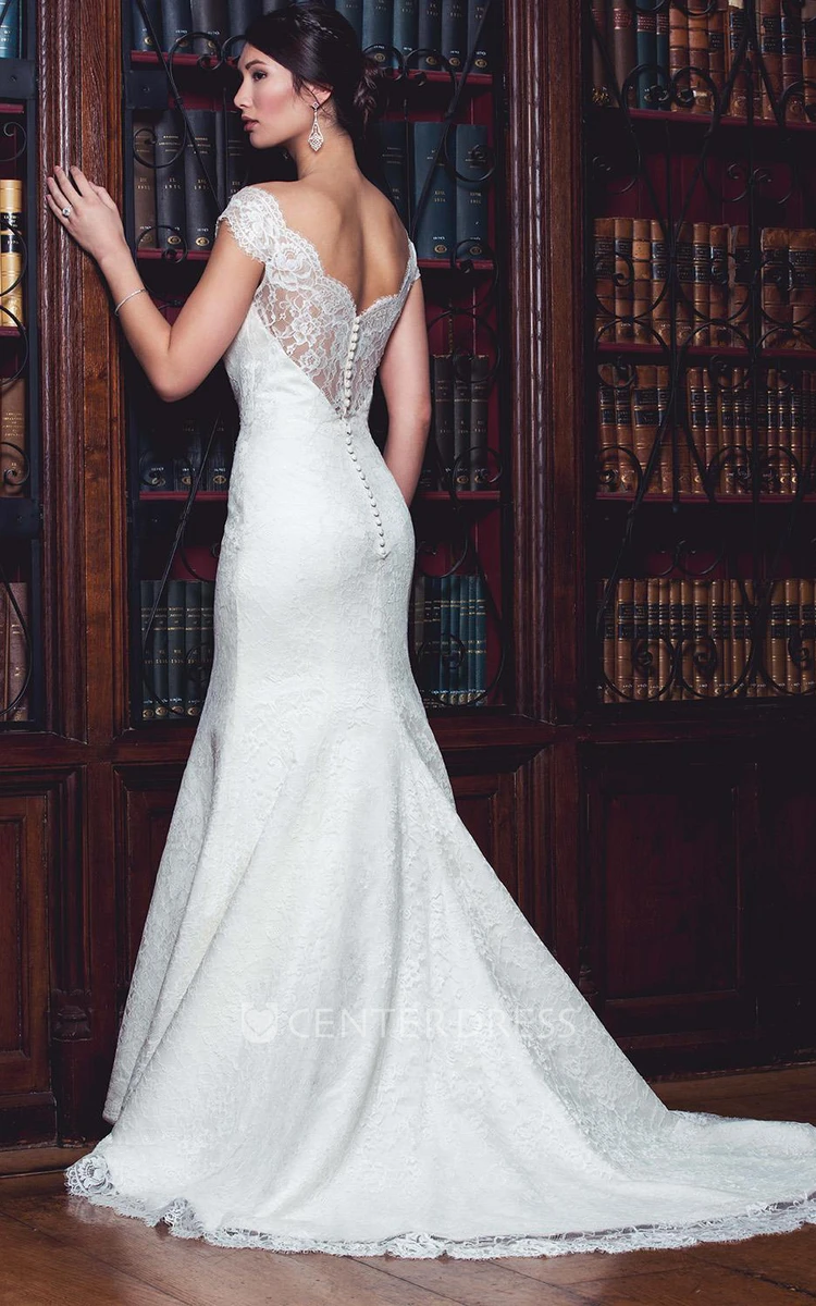 Sheath Long Cap-Sleeve Off-The-Shoulder Lace Wedding Dress With Appliques And V Back