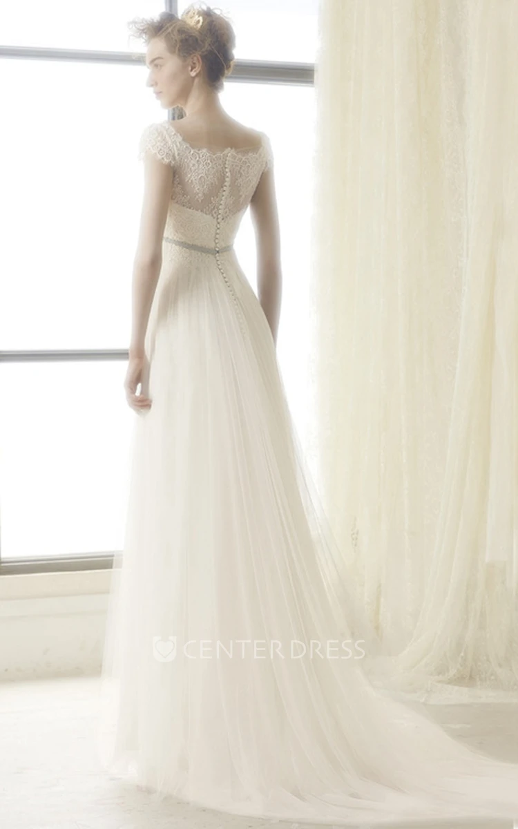 A-Line Sleeveless Floor-Length Lace Bateau Tulle Wedding Dress With Illusion Back And Sweep Train