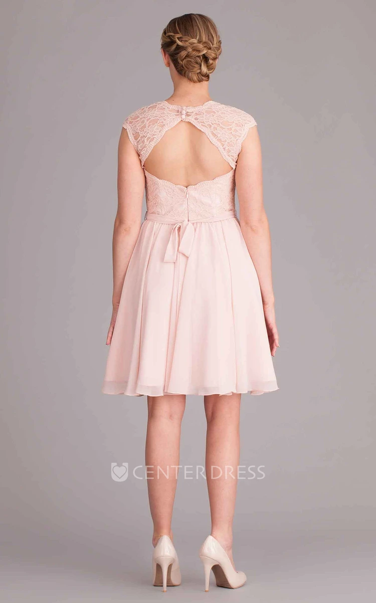 Knee-Length Cap Sleeve V-Neck Lace Chiffon Bridesmaid Dress