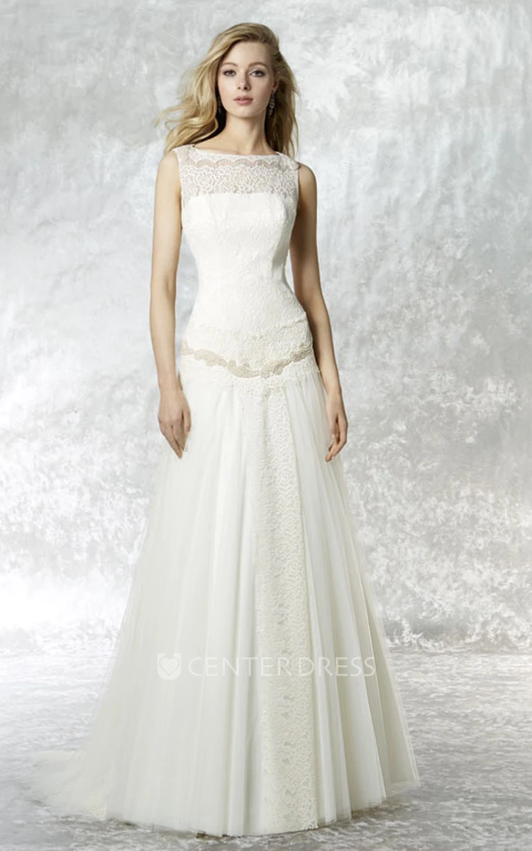 A-Line Maxi Sleeveless Bateau Lace&Tulle Wedding Dress With Illusion Back And Sweep Train
