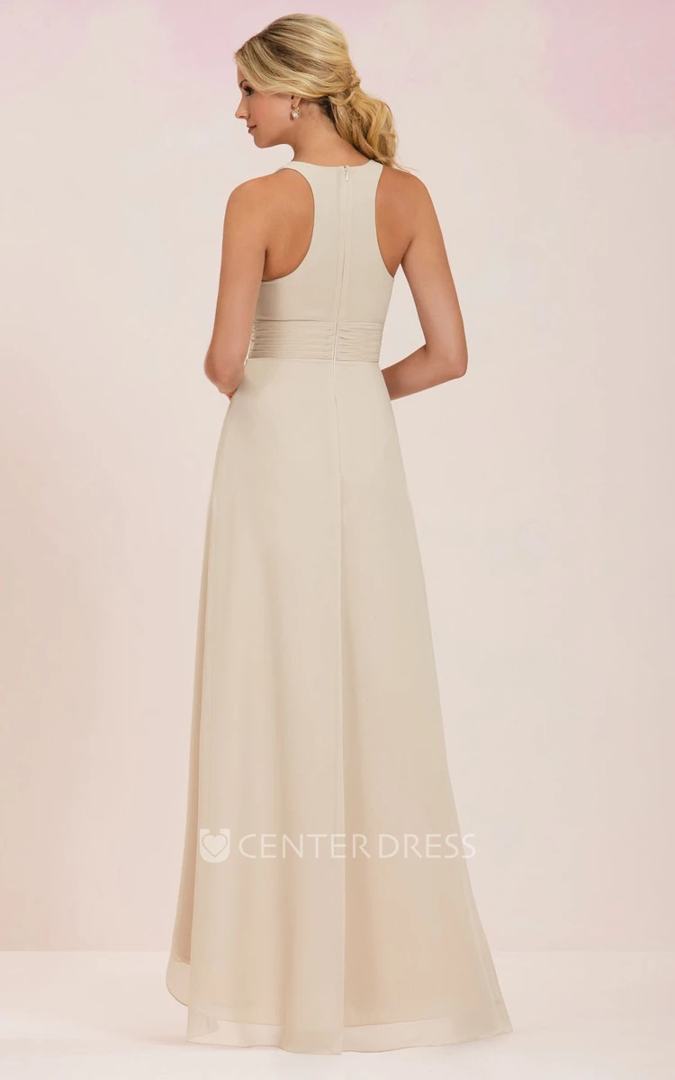 Sleeveless V-Neck Long Bridesmaid Dress With Front Slit And Pleats