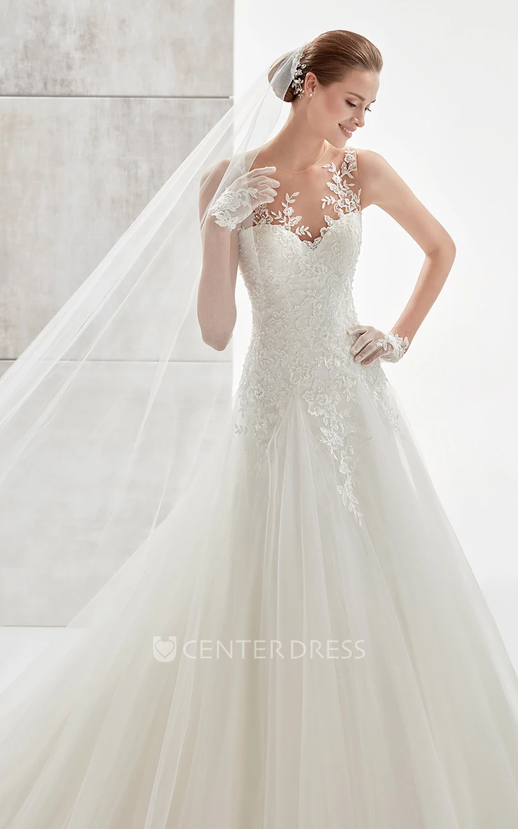 Sweetheart Appliqued A-Line Wedding Dress With Pleated Tulle Skirt And Illusive Floral Back