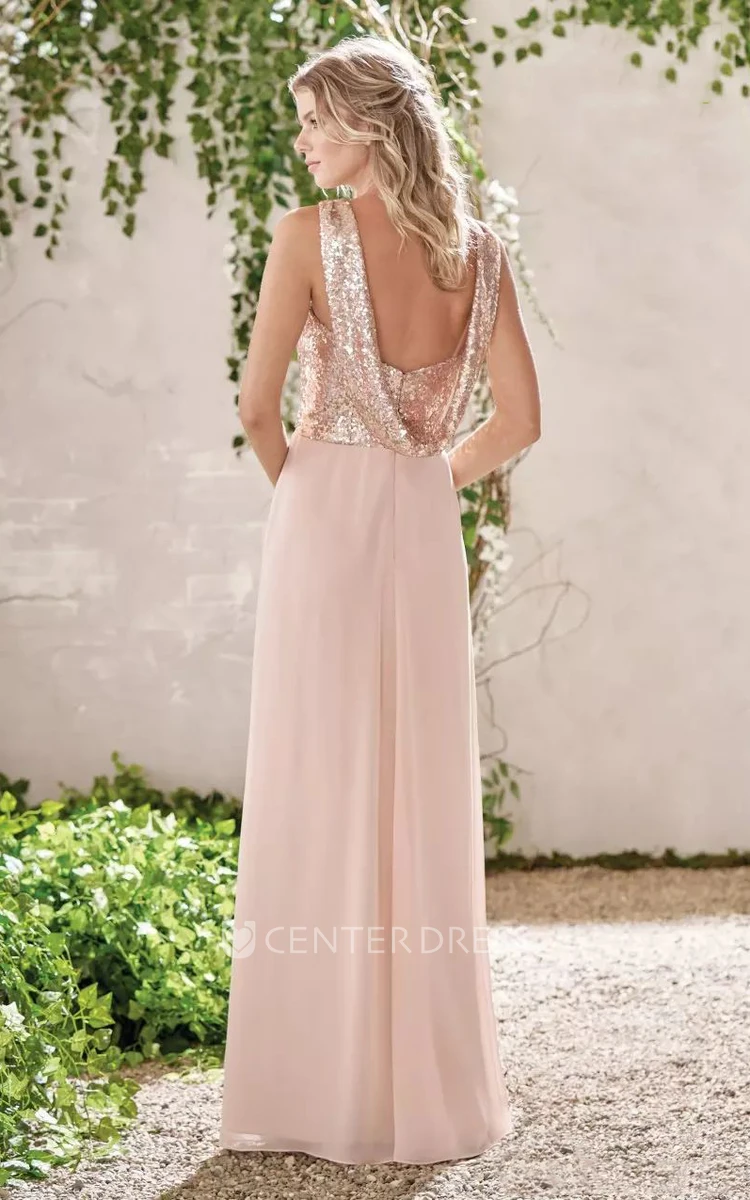 Sleeveless A-line Halter V-neck Floor-length Chiffon Sequins Bridesmaid Dress with Ruching