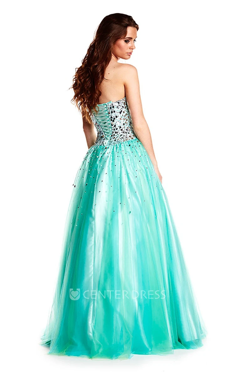 A-Line Sleeveless Beaded Strapless Floor-Length Tulle&Satin Prom Dress With Bow