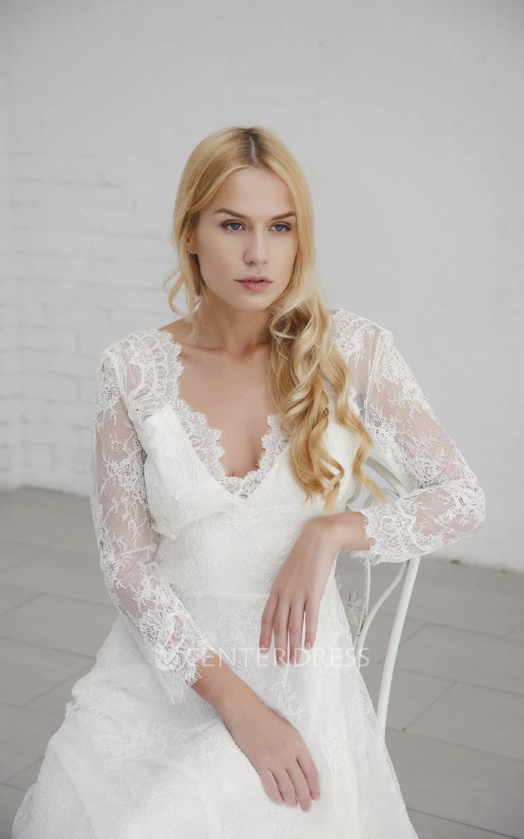Elegant A-line Long Sleeve Lace Wedding Dress With V-neck And Deep V-back