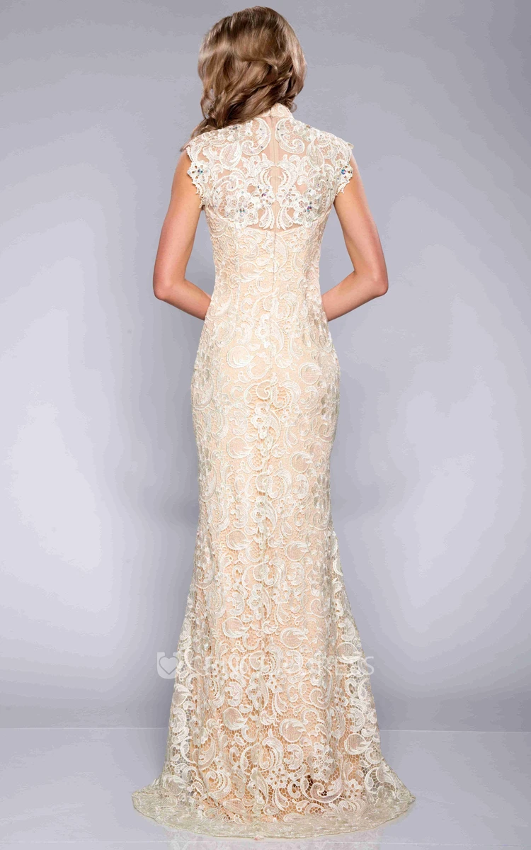Column Lace Cap Sleeve High Neck Prom Dress With Crystal Detailing