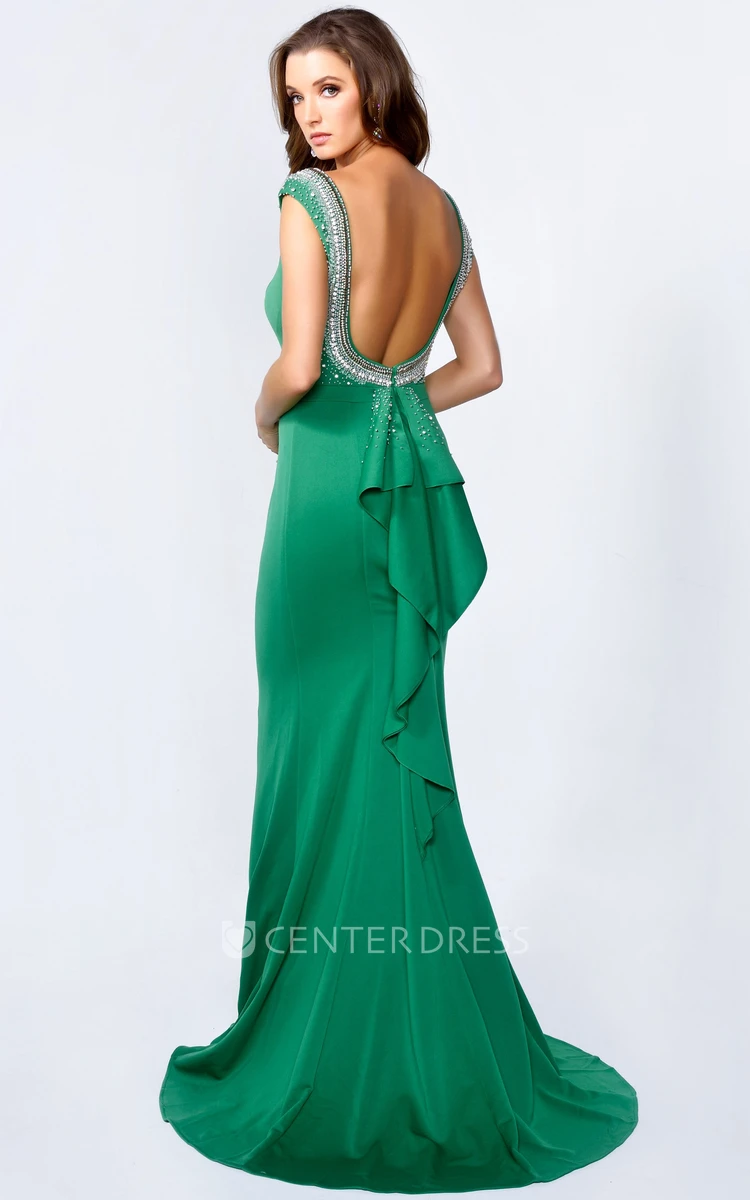 Sheath Bateau Cap-Sleeve Jersey Backless Dress With Beading And Draping