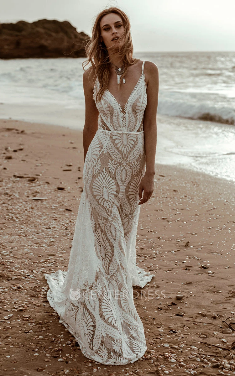 Graceful Charming Beach Mermaid Boho Lace Wedding Dress Sexy Elopement Spaghetti Strap Plunging Gown