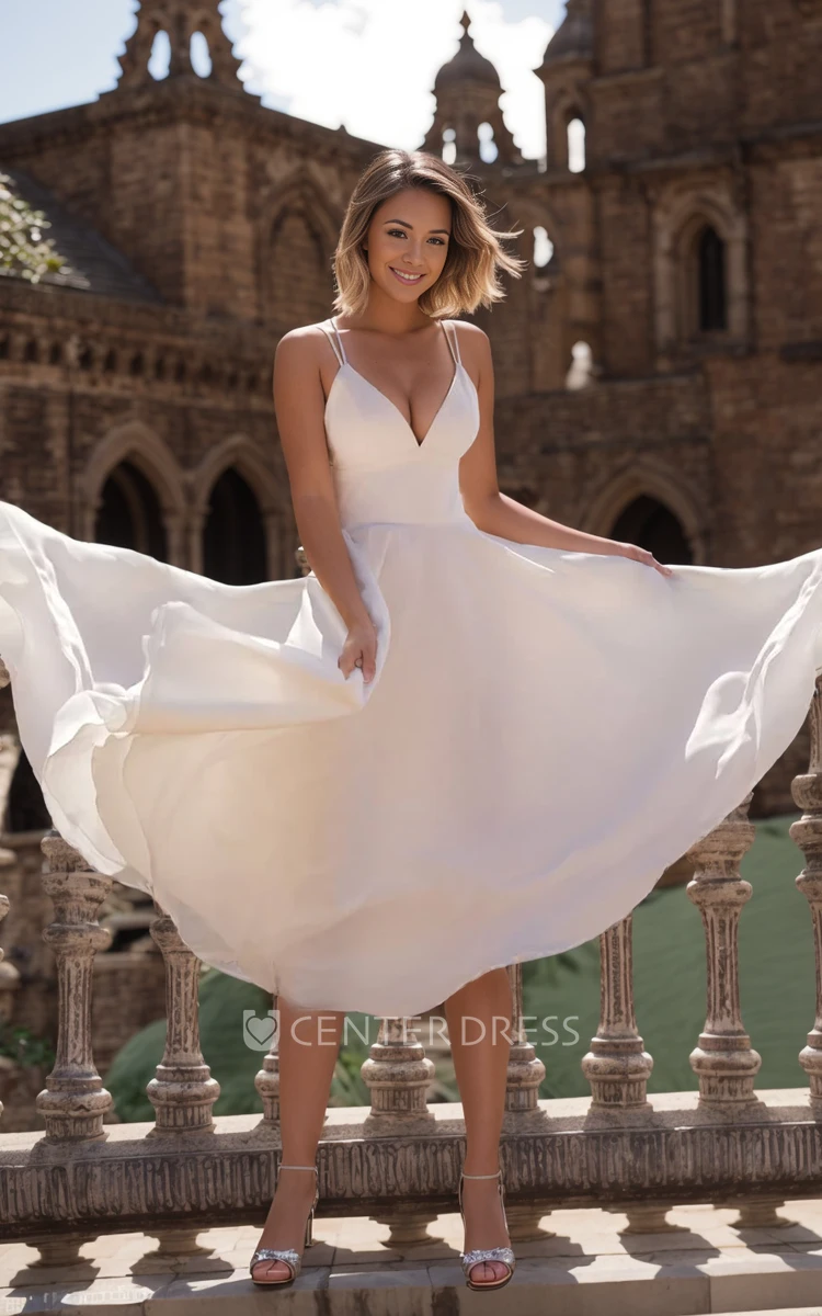 Elegant Sexy A-Line V-Neck Spaghetti Strap Wedding Dress Simple Casual Midi Tea Length Sleeveless Cross Back Vow Renewal Bridal Gown