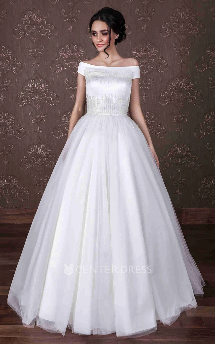 Ball Gown Off-The-Shoulder Long Tulle Wedding Dress With Beading And Zipper