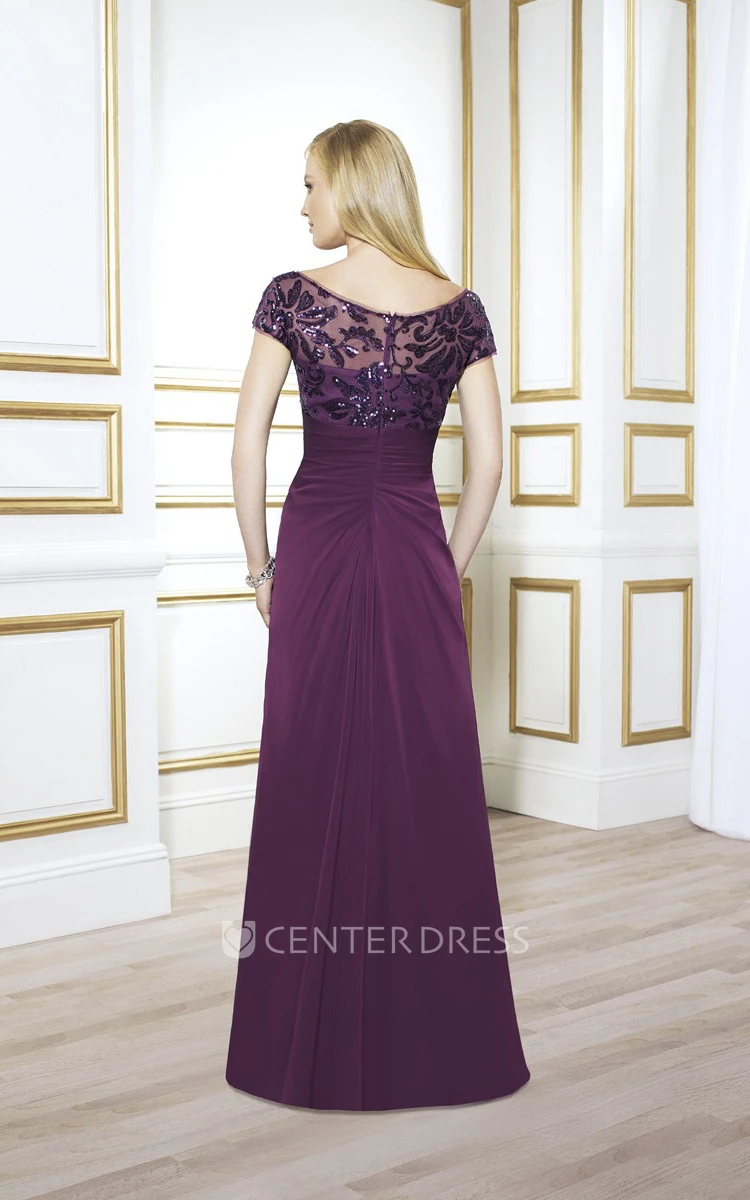 Cap Sleeve Sequined Chiffon Formal MOB Dress With Draping And Illusion Back