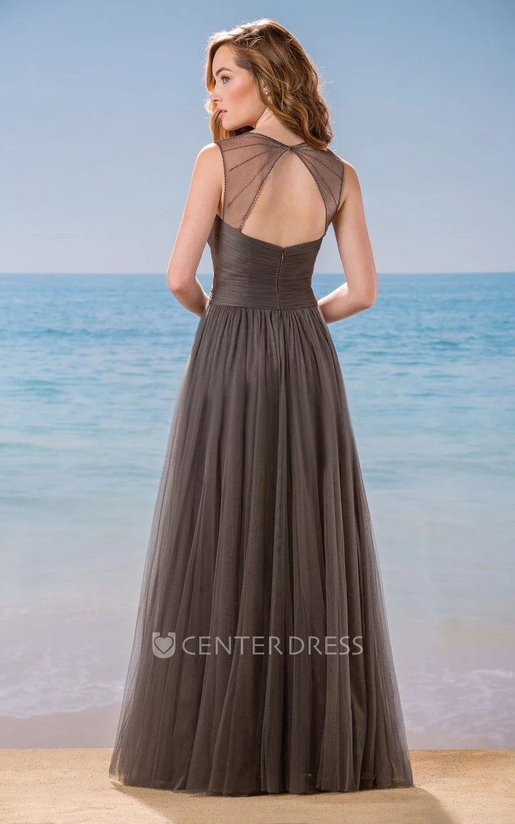 Sleeveless A-Line Tulle Gown With Crystals And Keyhole Back