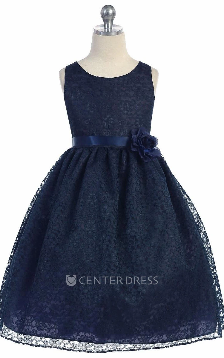 Tea-Length Floral Tiered Lace Flower Girl Dress