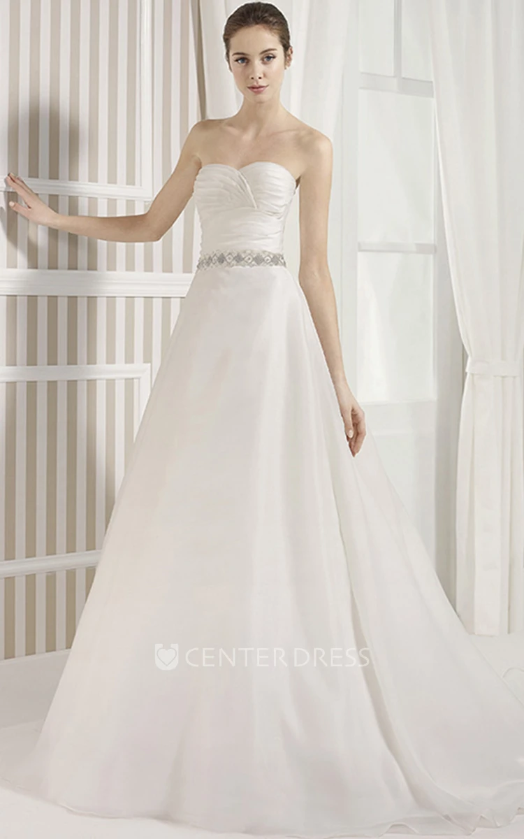 A-Line Long Sleeveless Criss-Cross Sweetheart Satin Wedding Dress With Waist Jewellery And Backless Style