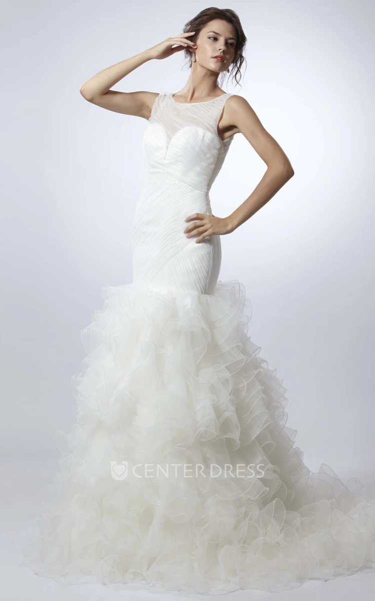 Trumpet Scoop Sleeveless Long Ruffled Tulle Wedding Dress With Illusion Back And Ruching