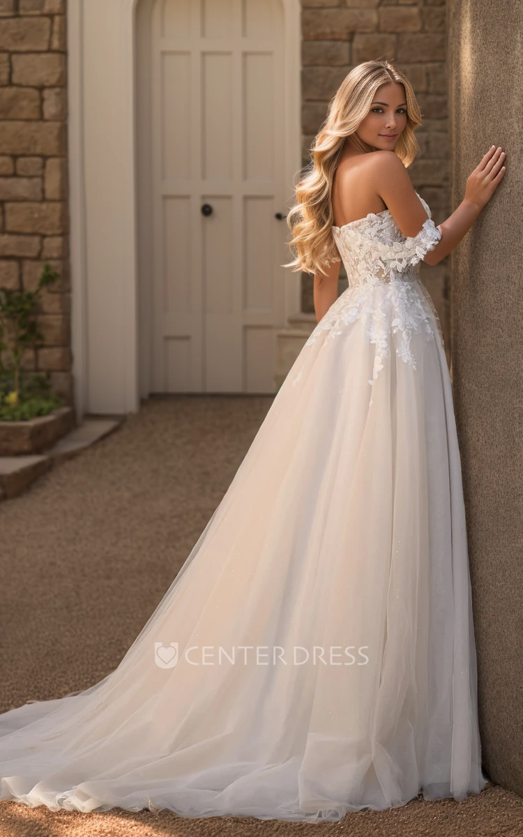 Sleeveless Off-the-shoulder Split A-Line Floor-length Wedding Dress with Appliques
