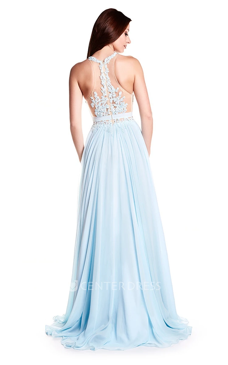 Floor-Length High Neck Sleeveless Appliqued Chiffon Prom Dress