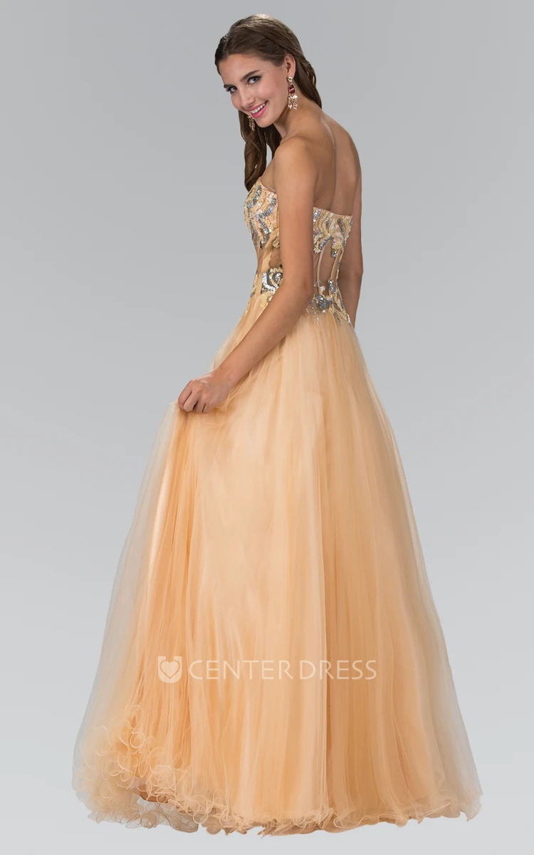 A-Line Strapless Sleeveless Tulle Backless Dress With Beading And Ruffles