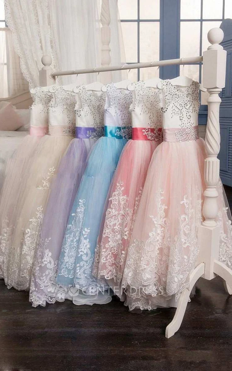 Ball Gown Floor-length Scoop Sleeveless Tulle Dress with Bow