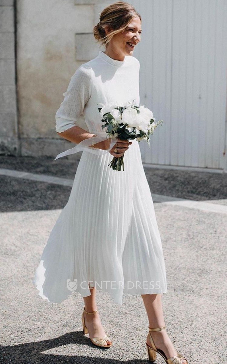 Casual A Line Tulle High Neck Tea length Wedding Dress with Pleats