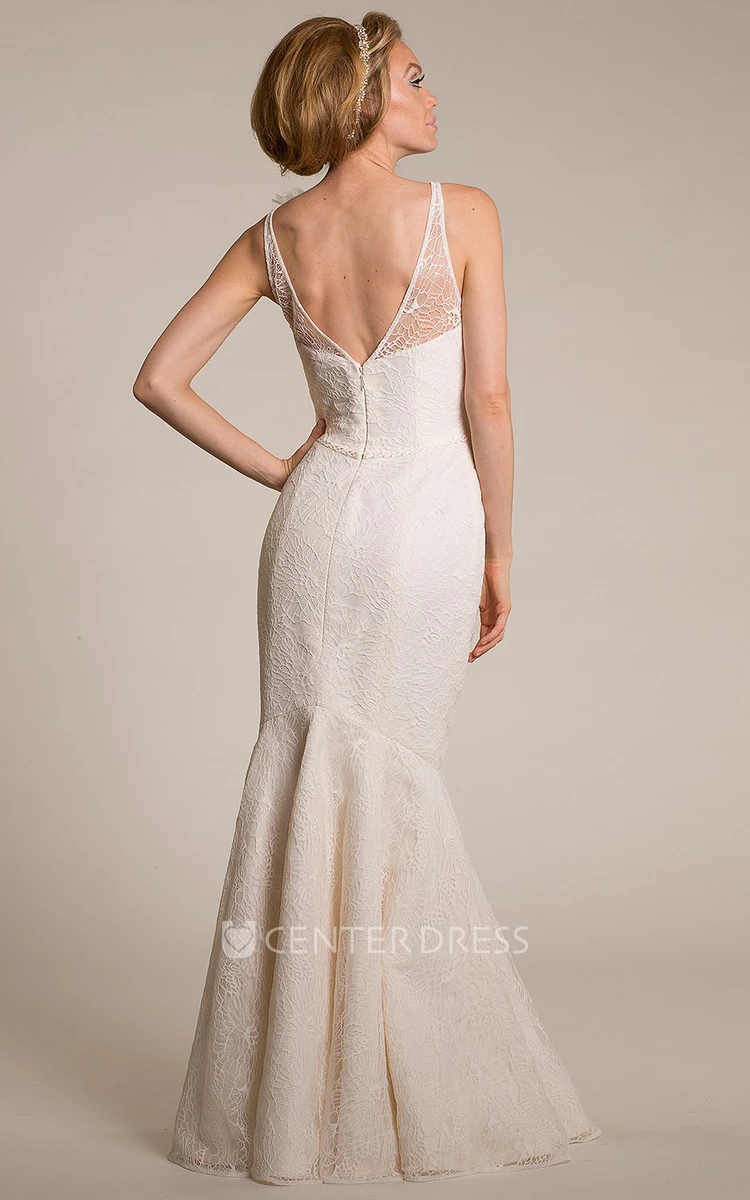 Sheath Long Scoop-Neck Sleeveless Floral Lace Wedding Dress