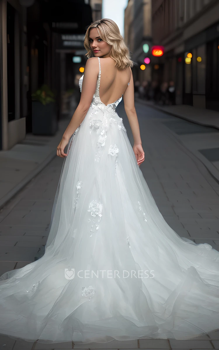 A-line Tulle Sexy Deep V-Neck Open Back Front Split Trailing Wedding Dress